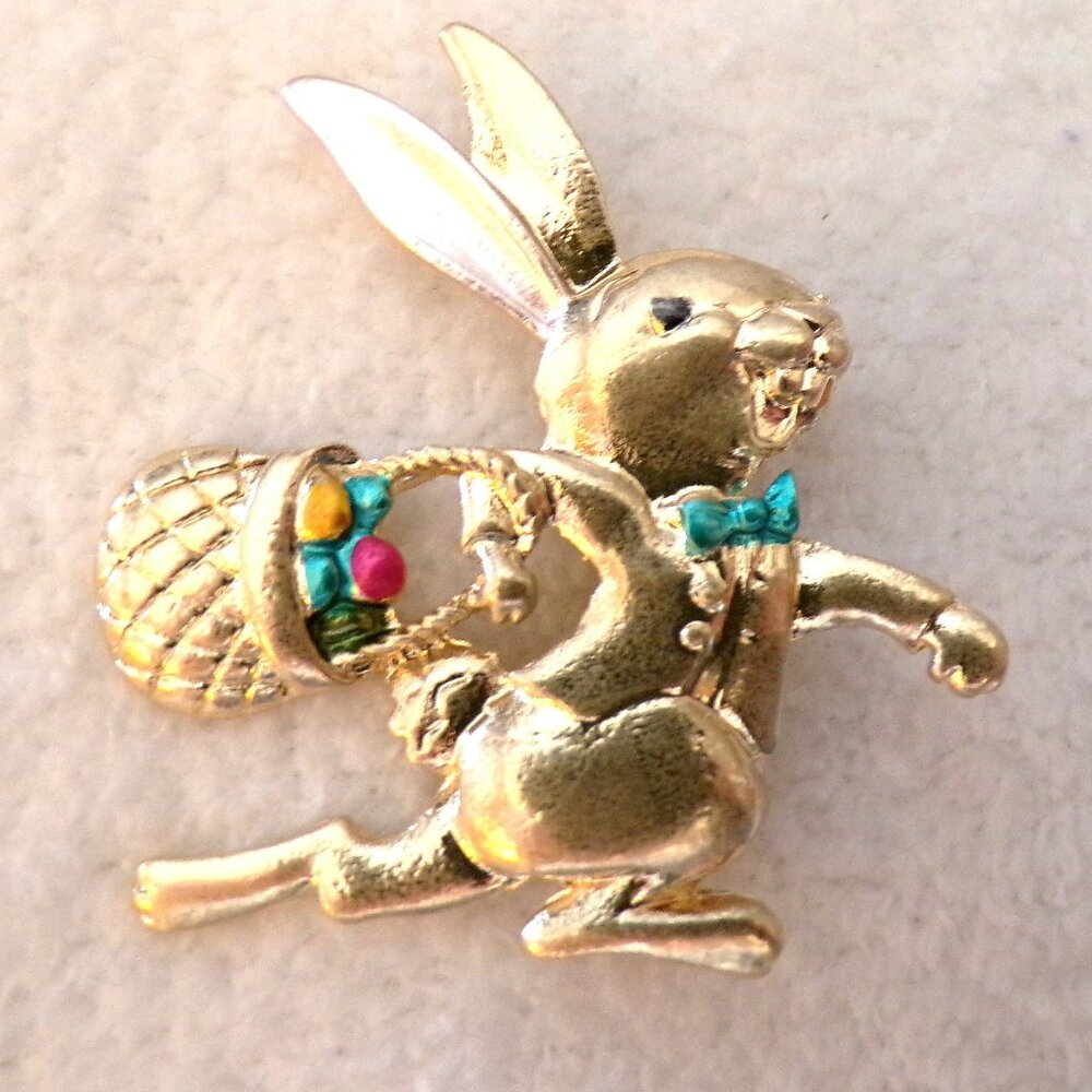 Gold Easter Bunny Rabbit Brooch Egg Basket